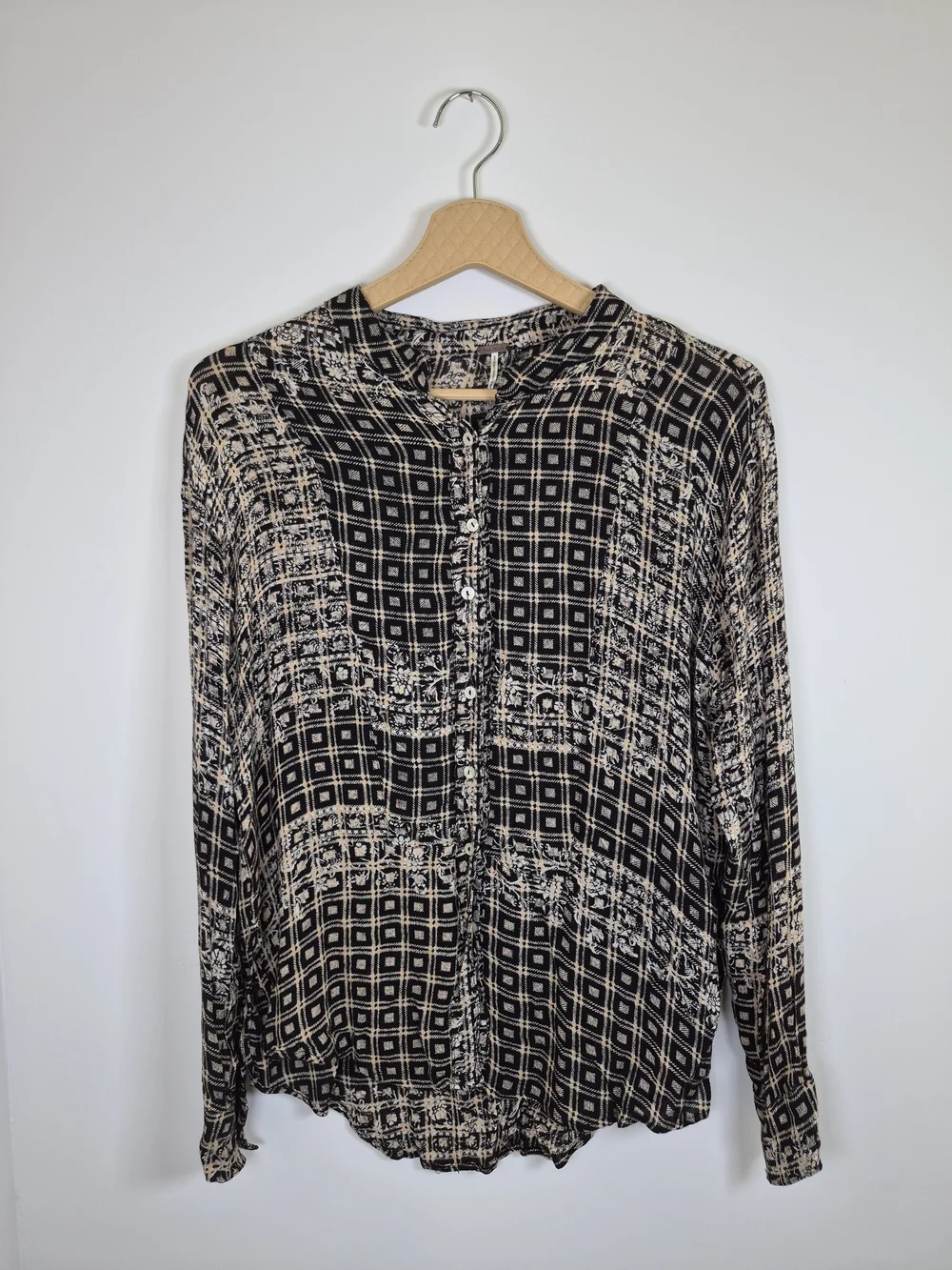 Free People Boho Patterned Button-Front Blouse Tassel Top Size Large L